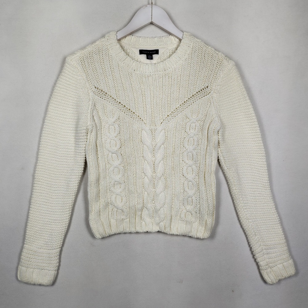 Tommy Hilfiger Girls Cream Cable Knit Crewneck Sweater Size L 12-14 Logo Cuff